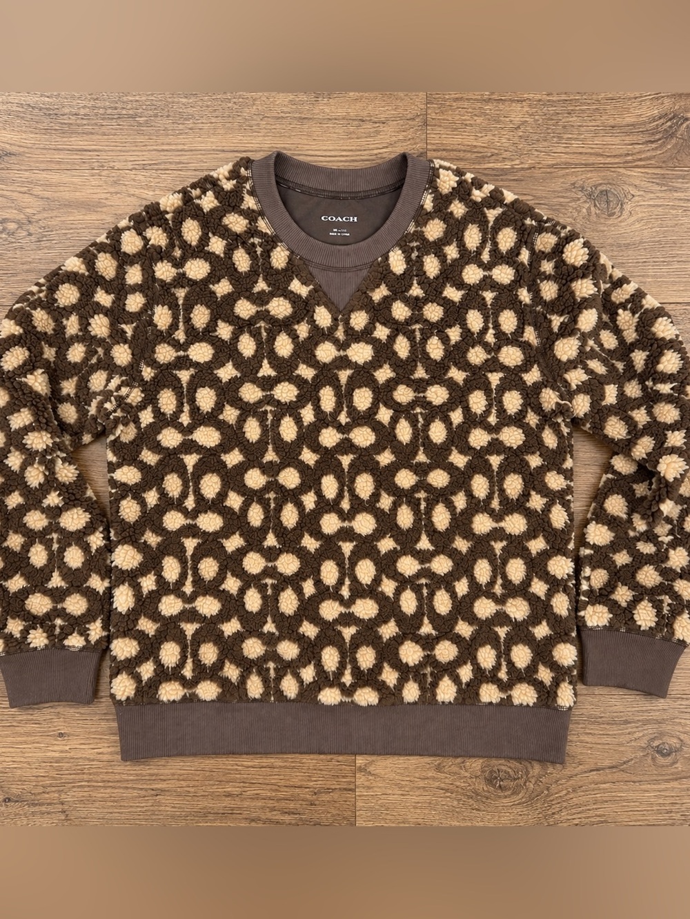 Coach Signature logo he Sherpa Fleece Pullover Sweatshirt Brown Tan